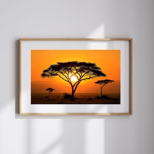 African Savannah Landscape Photography of Acacia Tree Silhouettes Blue and Purple Sky Nature-Inspired Wildlife Wall Art for Nature Lovers