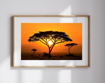 African Savannah Landscape Photography of Acacia Tree Silhouettes Blue and Purple Sky Nature-Inspired Wildlife Wall Art for Nature Lovers