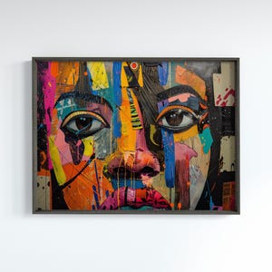 Abstract Face Art of Female Portrait Pose in Vibrant Colors Bold Artistic Design Maximalist Artwork for Modernist Home Decor