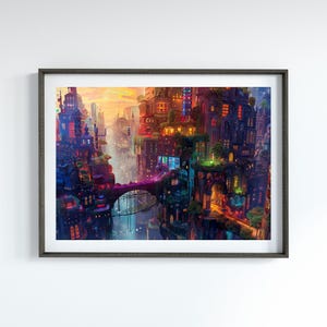 Futuristic Cityscape Modern City Art Colorful Abstract Art for Modern Home Decor City Skyline Art Urban Art for City Decor Whimsical Art