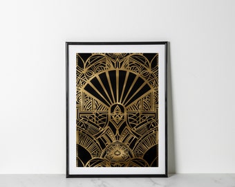 Obra de arte Art Déco de la era del jazz para la decoración del Gran Gatsby. Póster en negro y dorado. Impresión geométrica audaz con formas geométricas para una elegante decoración del hogar.