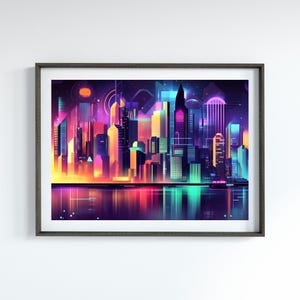 City Skyline Wall Art Vibrant Cityscape Print Colorful Abstract Art for Living Room Urban Art for City Decor Night City Art for Modern Decor