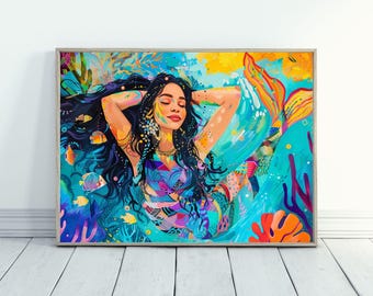 Boho sjöjungfru väggdekor sjöjungfruposter tryck eklektisk maximalistisk dekor sjöjungfru väggkonst under havet väggkonst present till tonåringar