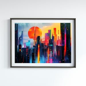 City Skyline Wall Art Vibrant Cityscape Print Colorful Abstract Art for Living Room Urban Art for City Decor Night City Art for Modern Decor