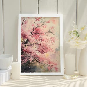 Japanese Cherry Blossom Tree Watercolor Print of Pink Sakura Blossoms Tranquil and Relaxing Japanese Style Wall Art for Pink Home Decor