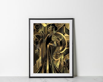Obra de arte Art Déco de la era del jazz para la decoración del Gran Gatsby. Póster en negro y dorado. Impresión geométrica audaz con formas geométricas para una elegante decoración del hogar.
