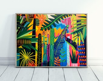 May include: A colorful abstract painting featuring a jungle scene with vibrant green, yellow, blue, red, and orange colors. The painting depicts a variety of plants and flowers, including palm trees, ferns, and cacti.