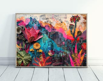 May include: A colourful abstract collage featuring vibrant pink, blue, and yellow flowers, leaves, and other organic shapes. The artwork is set against a textured background with hints of gold and silver.