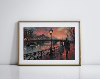 Vintage Parisian Art for Living Room Paris Street Art for Parisian Home Decor Romantic Couple Art Antique Oil Painting Print Paris Cityscape