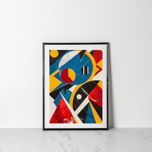Geometric Abstract Design Geometric Shape Artwork in Vibrant Bold Primary Colors Blue Red Yellow Contemporary Art for Modernist Home Decor