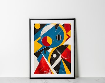 Design abstrait géométrique Oeuvre d'art de forme géométrique dans des couleurs primaires vives et audacieuses bleu rouge jaune art contemporain pour décoration d'intérieur moderniste