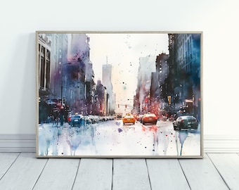 City Skyline Wall Art Watercolor Cityscape Print Urban Art for City Decor City Scene Painting for Modern Home Decor Architecture Print