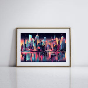 City Skyline Wall Art Vibrant Cityscape Print Colorful Abstract Art for Living Room Urban Art for City Decor Night City Art for Modern Decor