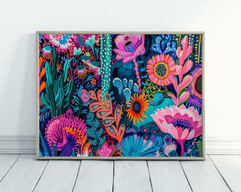 Oeuvre d'art floral abstrait pour décoration d'intérieur moderne Art mural abstrait coloré pour salon Oeuvre d'art maximaliste décoration d'intérieur éclectique