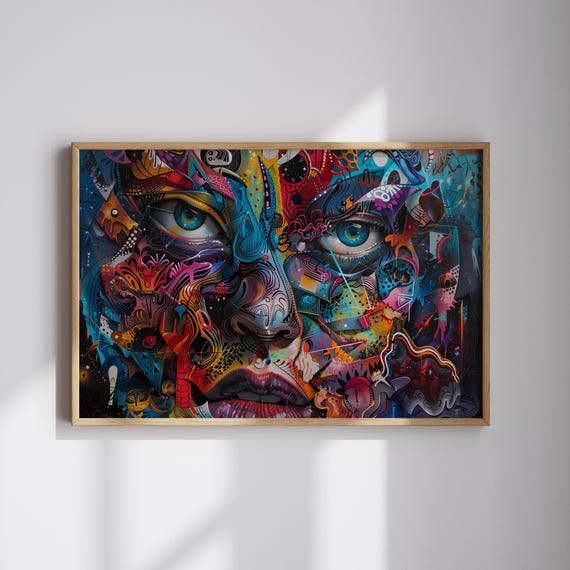 女性の肖像画のポーズの抽象的な顔のアート、鮮やかで大胆な色彩の抽象