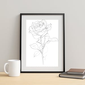 Elegant Simple Rose Line Art Flower Drawing Outline Botany Illustration Modern Nature-Inspired Wall Art Perfect Gift for Plant Lovers