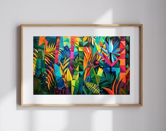 Puede incluir: Impresión de arte geométrico abstracto que presenta una escena de jungla colorida con tonos vibrantes de verde, azul, amarillo, naranja y rojo. La impresión representa una variedad de plantas y flores tropicales en un diseño geométrico estilizado.