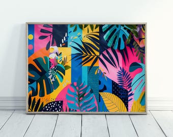 Regalo de arte abstracto de la jungla para amantes de la naturaleza Impresión abstracta colorida Arte geométrico llamativo Arte de la jungla tropical para una decoración maximalista del hogar