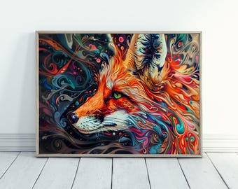 Abstract Fox Art Woodland Animal Wall Art Gift for Nature Lover Fox Illustration Colorful Animal Prints Maximalist Home Decor