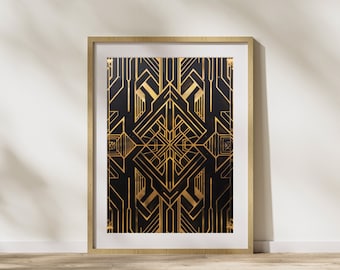 Obra de arte Art Déco de la era del jazz para la decoración del Gran Gatsby. Póster en negro y dorado. Impresión geométrica audaz con formas geométricas para una elegante decoración del hogar.