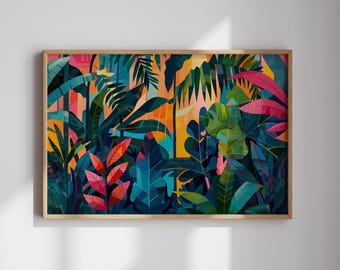 Op de afbeelding: Een ingelijste kunstdruk met een levendige, gestileerde weergave van een junglescène. Het kunstwerk toont een rijk palet aan kleuren, waaronder tinten teal, groen, oranje en roze, met gedetailleerde bladeren en gebladerte. De print is ingelijst in een natuurlijke houten lijst.