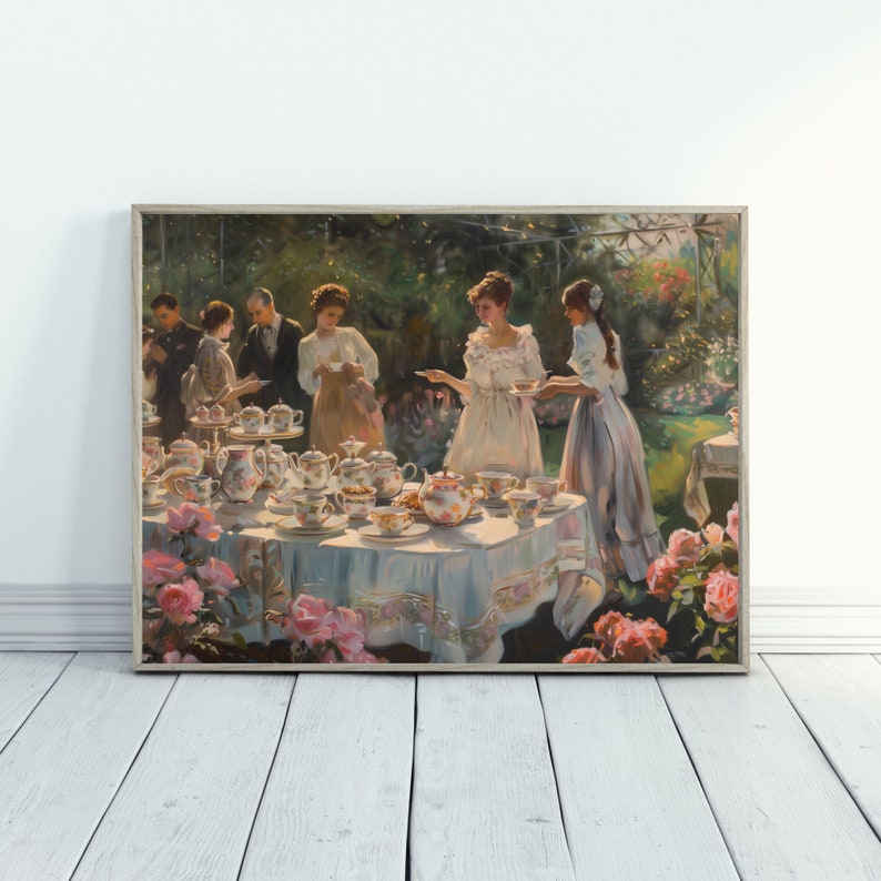 May include: A painting of a group of people gathered around a table outdoors, enjoying a tea party. The table is set with a white tablecloth and a variety of teacups, saucers, and teapots. There are flowers and greenery in the background.