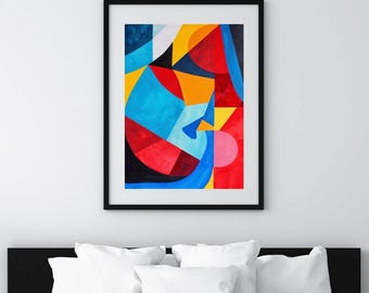 Design abstrait géométrique Oeuvre d'art de forme géométrique dans des couleurs primaires vives et audacieuses bleu rouge jaune art contemporain pour décoration d'intérieur moderniste