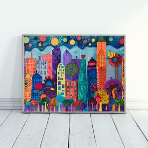 City Skyline Art Urban Abstract Art for Living Room Maximalist Artwork Colorful Abstract Art for Modern Home Decor Urban Art for City Decor