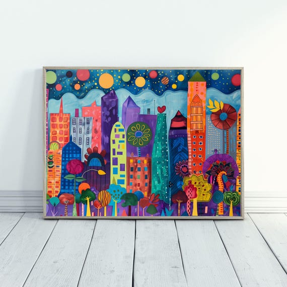 City Skyline Art Urban Abstract Art for Living Room Maximalist