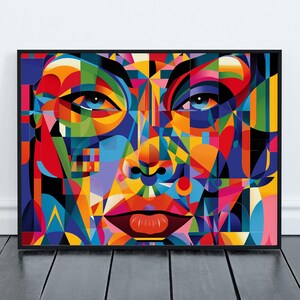 Abstrakte Gesichtskunst der weiblichen Porträt-Pose in lebendigen Farben Kühnes Design und geometrischen Formen Maximalistisches Kunstwerk für die modernistische Inneneinrichtung