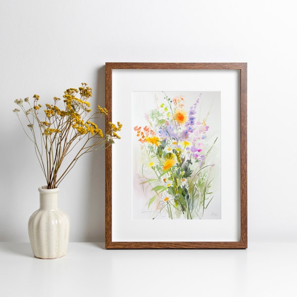 Wildflower Bouquet, Flower Watercolor Painting, Delicate Petals, Nature Scene, Floral Artwork, Tranquil, Serene Home Gift, Vibrant Colors