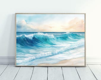 海岸沿いの装飾のための海の波アート 水彩画プリント ソフトブルーの壁アート モダンなビーチハウスの装飾のための海好きへのギフト ミニマリストアート