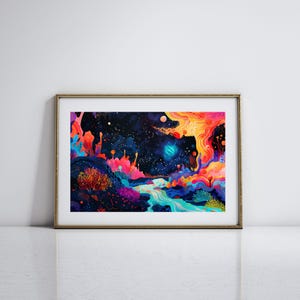 May include: A colorful abstract painting depicting a fantastical landscape with a river flowing through it. The sky is filled with stars and a planet, and the landscape is dotted with trees and flowers. The colors are vibrant and bold, creating a sense of wonder and magic.