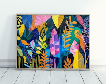 Abstracte junglekunst cadeau voor natuurliefhebber Kleurrijke abstracte print gedurfde geometrische kunst tropische junglekunst voor maximalist interieur