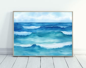 May include: A watercolor painting of blue ocean waves crashing against each other. The painting has a light blue sky in the background.