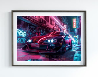 Toyota Supra MK4 Cyberpunk Art JDM Poster for Garage Art Motorsports Gift for Car Enthusiast Classic Car Poster for Office Car Lover Gift
