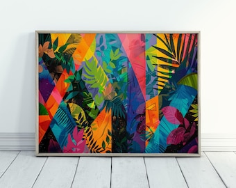 Regalo de arte abstracto de la jungla para amantes de la naturaleza Impresión abstracta colorida Arte geométrico llamativo Arte de la jungla tropical para una decoración maximalista del hogar