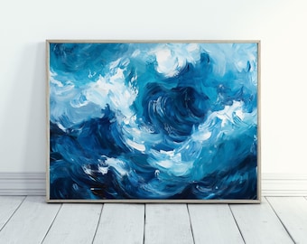 May include: Abstract painting of blue and white waves, reminiscent of the ocean. The painting is framed in a light wood frame.