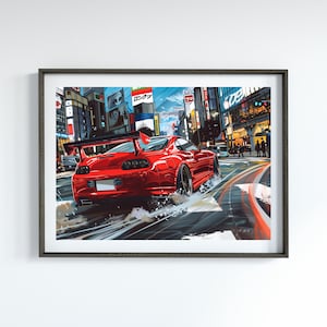 May include: A red sports car drives through a busy city street in Japan. The car has a large rear wing and is speeding through the intersection. The street is lined with buildings and signs in Japanese.