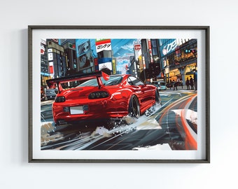 May include: A red sports car drives through a busy city street in Japan. The car has a large rear wing and is speeding through the intersection. The street is lined with buildings and signs in Japanese.