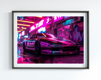 May include: A purple sports car with neon lights reflecting off of it in a city street at night.