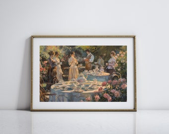 Victorian Garden Art Antique Oil Painting Vintage Floral Print of a Garden Tea Party Soft Color Palette Elegant Art for Vintage Home Decor