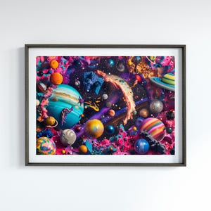 以下が含まれることがあります： 惑星、星、渦巻く星雲を持つ銀河を描いたカラフルな抽象的なアートプリント。惑星は青、緑、黄、オレンジの様々な色合い。背景はピンクと紫がかった暗い青色です。