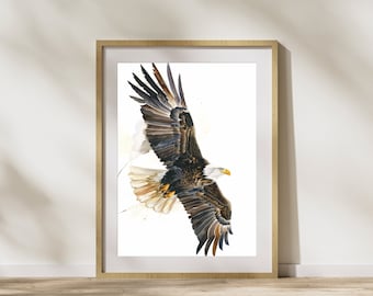 鷲の壁アート 飛ぶ白頭鷲の水彩画 猛禽類のプリント 茶色の鷲の絵画