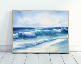 May include: A framed watercolor painting of ocean waves. The artwork depicts turquoise waves crashing onto a sandy shore under a cloudy sky. The painting is in a light wooden frame and rests against a white wall and wooden floor.