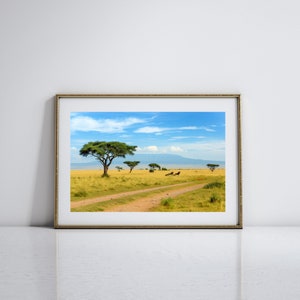 African Savannah Landscape Photography of Acacia Tree Silhouettes Blue and Purple Sky Nature-Inspired Wildlife Wall Art for Nature Lovers