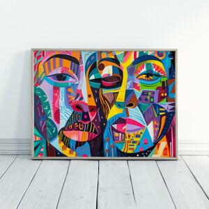 Abstraktes Gesicht Kunst weiblicher Porträt Posen in lebendigen Farben Mutiges künstlerisches Design Maximalistisches Kunstwerk für modernistische Wohnkultur