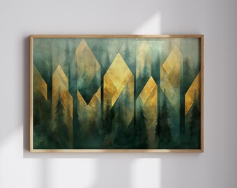 Arte abstracto de bosque para la decoración del hogar con motivos naturales Arte de bosque de pinos Regalo para amantes de la naturaleza Arte verde y dorado para la sala de estar Decoración moderna del hogar