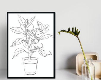 May include: Black framed art print featuring a line drawing of a potted plant with large leaves. The artwork is in black and white. A clear glass vase with a green leaf is to the right of the framed print.