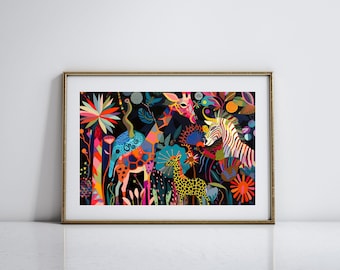 Colorful Animal Art Print with Vibrant Bright Colors Botanical Illustration of Tropical Foliage Maximalist Wall Art Whimsical Jungle Decor